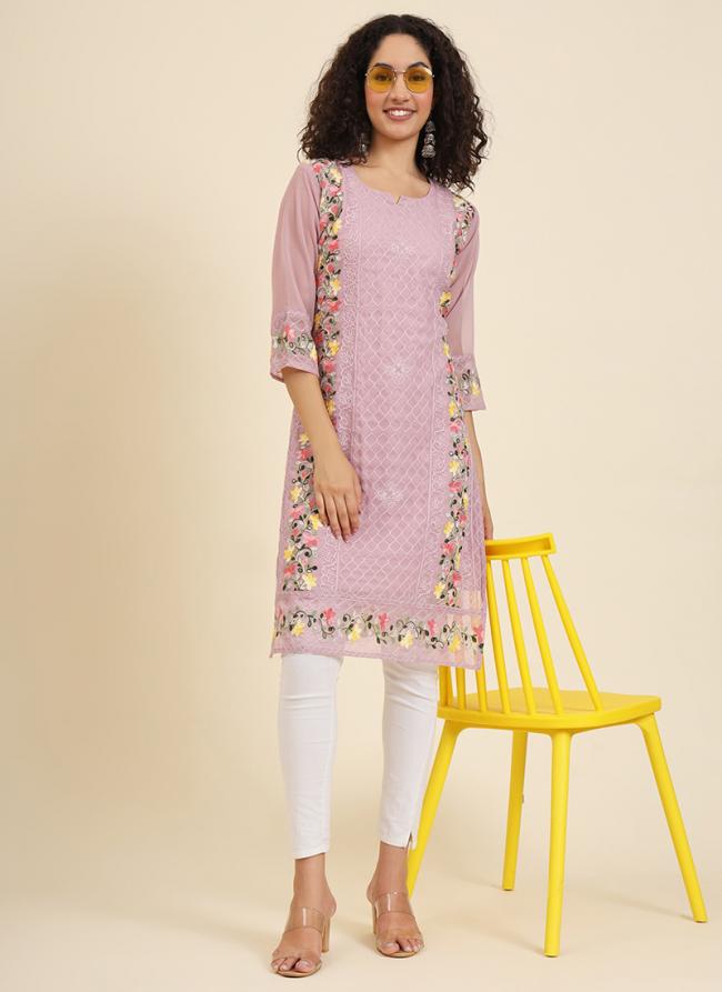 Georgette Pink Festival Wear Lucknowi Chikankari Work Readymade Kurti